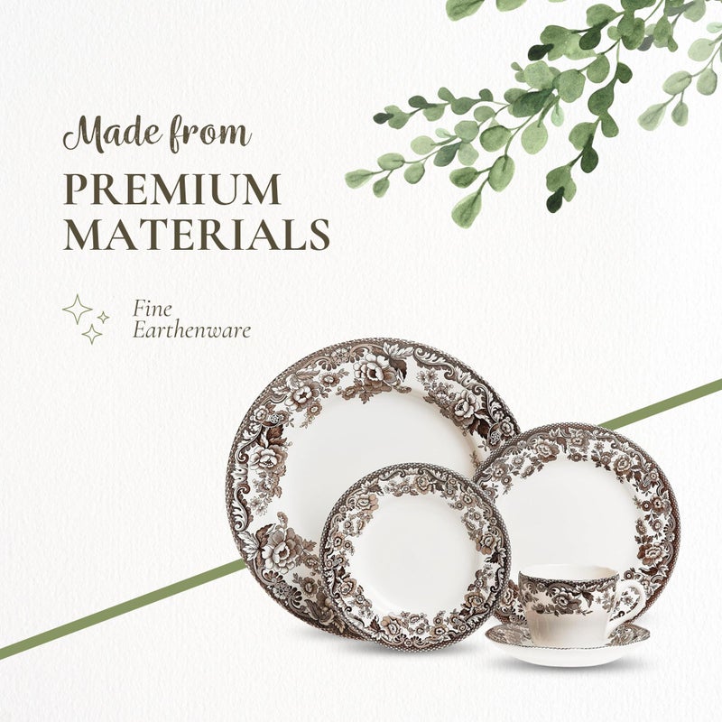 Spode Delamere 5-Piece Place Setting â€“ Rich Brown British Flowers Border, Includes Dinner, Salad, Bread Plates with Teacup & Saucer â€“ Fine Earthenware, Dishwasher, Microwave, Oven & Freezer Safe - Image 4
